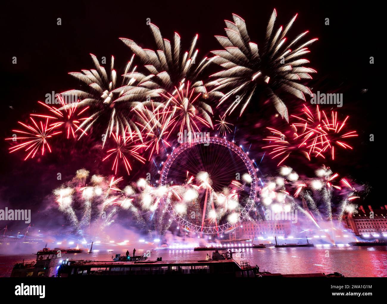 New Years firework display London 2024 at The London Eye on The River