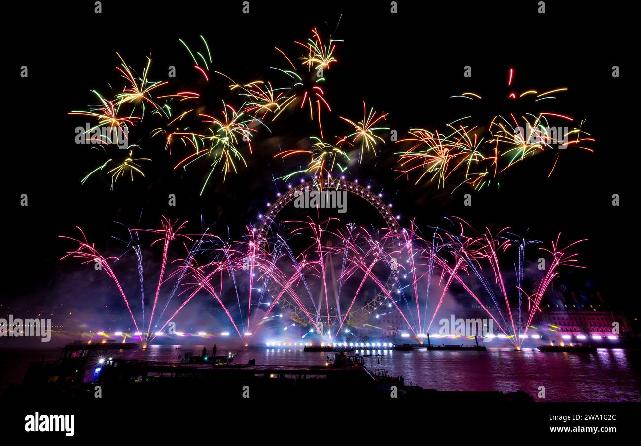 New Years firework display London 2025 at The London Eye on The River