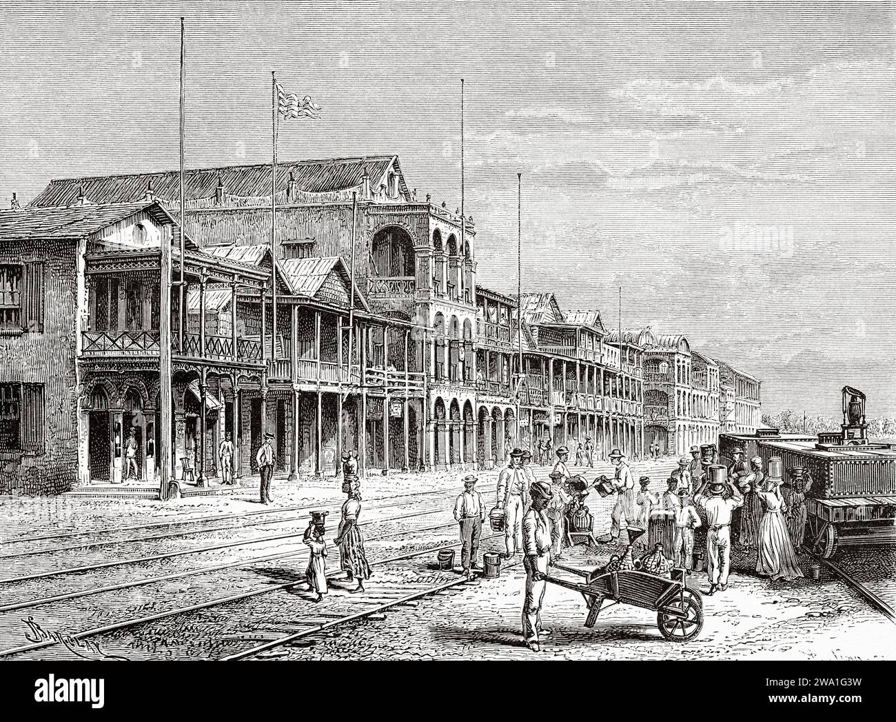Front Street of Colon, Republic of Panama. Central America. Explorations in the Isthmus of Panama and Darien 1876-1878 by Armand Reclus (1843 - 1927) Old 19th century engraving from Le Tour du Monde 1880 Stock Photo