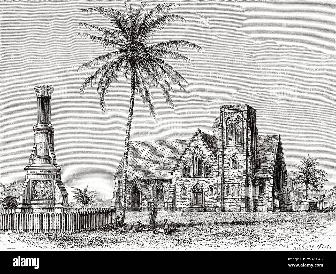Protestant temple and monument to John Lloyd Stephens, Colon, Republic of Panama. Central America. Explorations in the Isthmus of Panama and Darien 1876-1878 by Armand Reclus (1843 - 1927) Old 19th century engraving from Le Tour du Monde 1880 Stock Photo