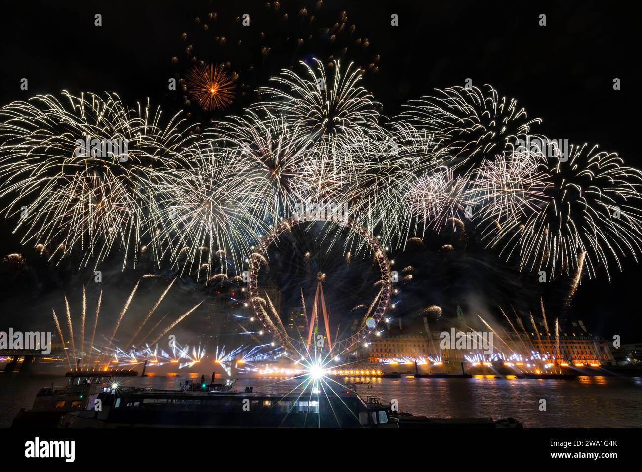 New Years firework display London 2024 at The London Eye on The River