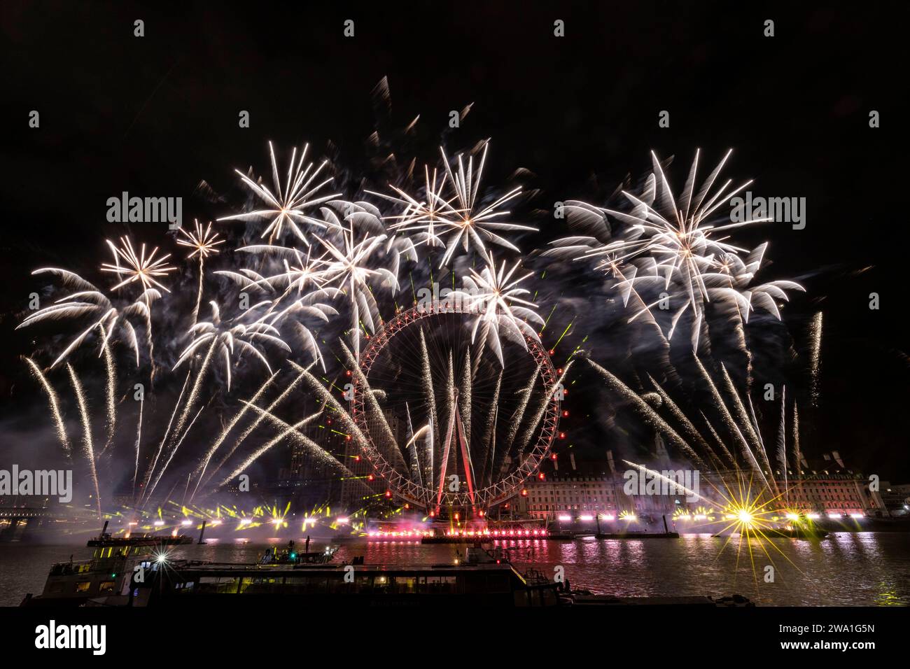 New Years firework display London 2024 at The London Eye on The River