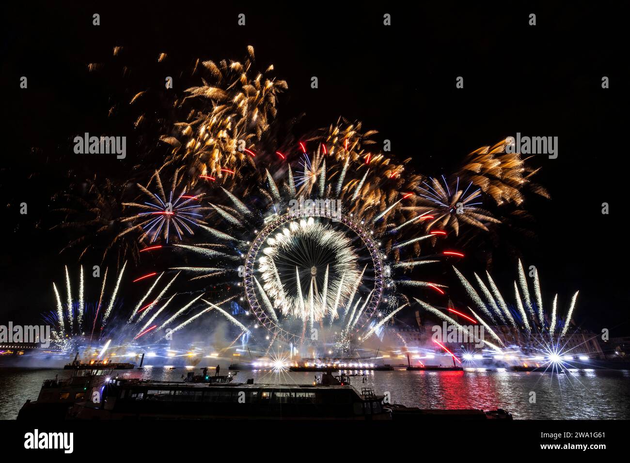 New Years firework display London 2024 at The London Eye on The River