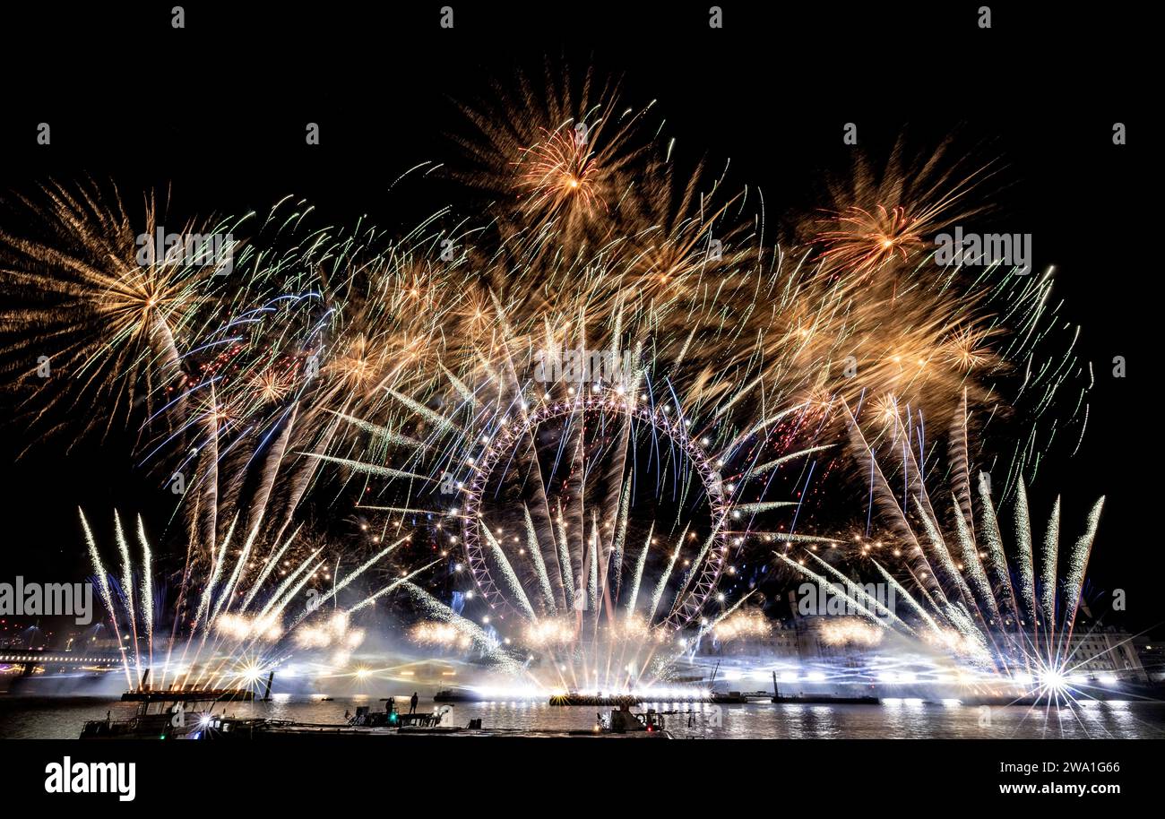 New Years firework display London 2024 at The London Eye on The River