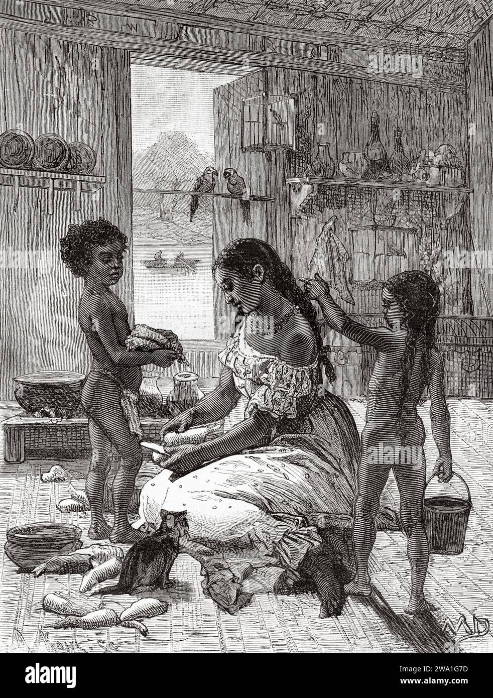 Daily life. Mother with her children inside a house in an indigenous village in province of Darien. Republic of Panama. Central America. Explorations in the Isthmus of Panama and Darien 1876-1878 by Armand Reclus (1843 - 1927) Old 19th century engraving from Le Tour du Monde 1880 Stock Photo
