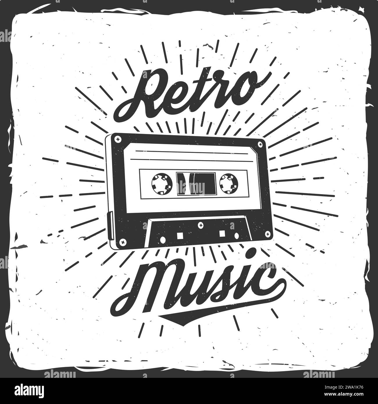 Retro music poster, banner. Retro Audio cassette tape with sunburst