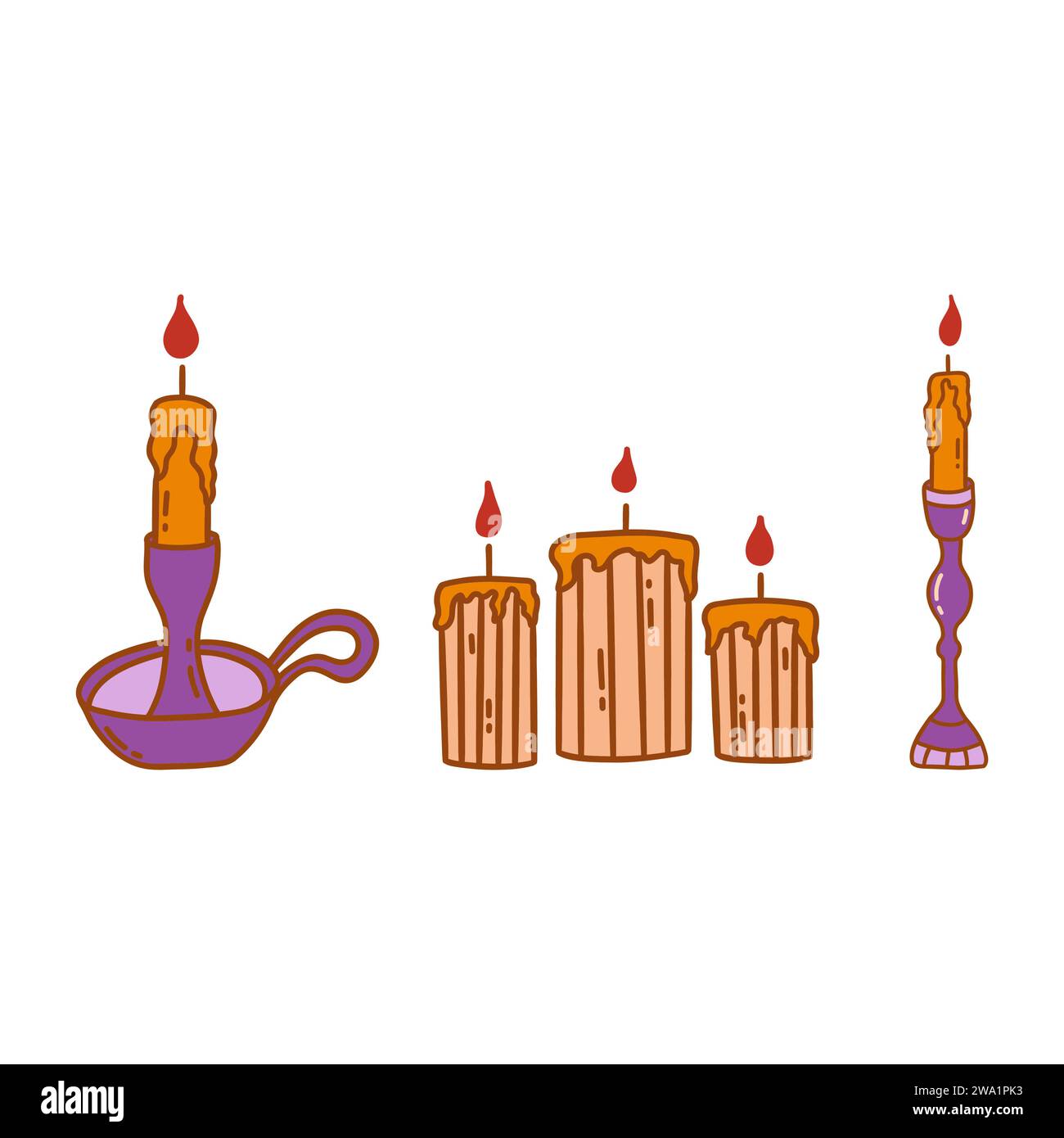 Set of burning candles in antique purple candlestick. Colorful vector isolated illustration hand drawn doodle. Winter holiday season. Group lighting e Stock Vector