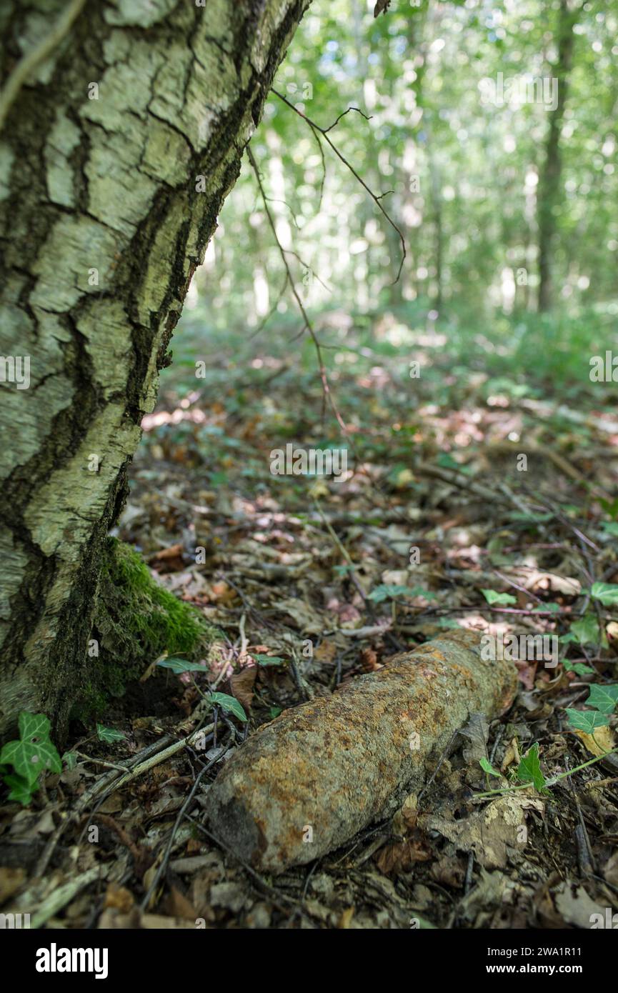 Unexploded ordnance, explosive remnants of war, non exploded ammonition left behind after the both world war in Belgium and France. |  Munitions, obus Stock Photo