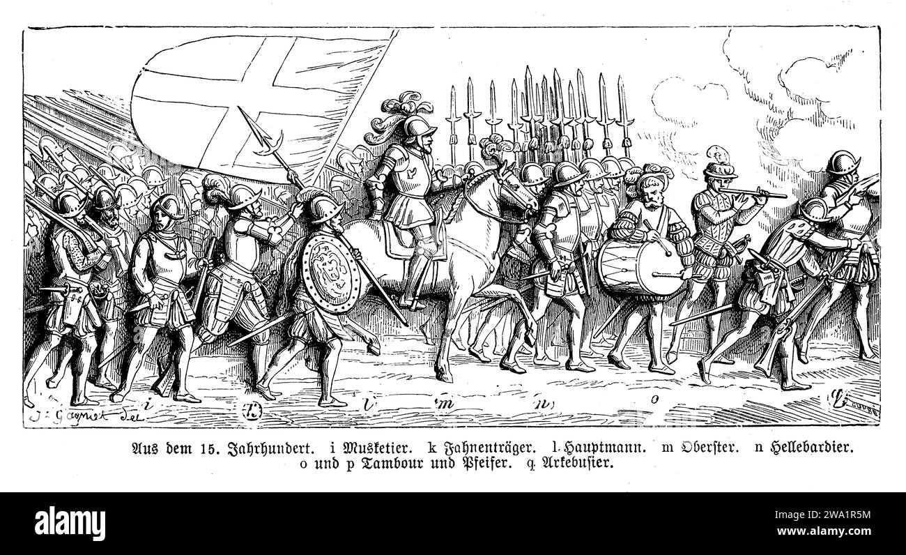Medieval army of the 15th century; musketeers, standard -bearer,captain,horseback commandant, halberdiers,drummer,piper,arquebusiers Stock Photo