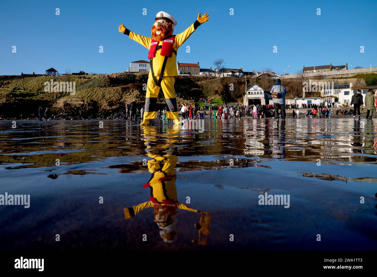 The RNLI mascot on the beach at the Loony Dook New Year's Day dip in the Firth of Forth at Kinghorn in Fife. Picture date: Monday January 1, 2024. Stock Photo
