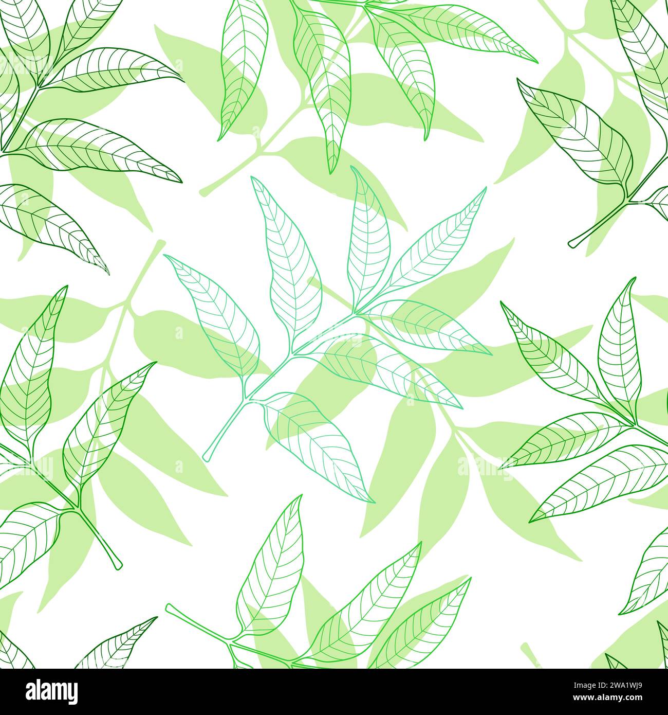 Spring seamless pattern with green leaf outlines and silhouettes on ...