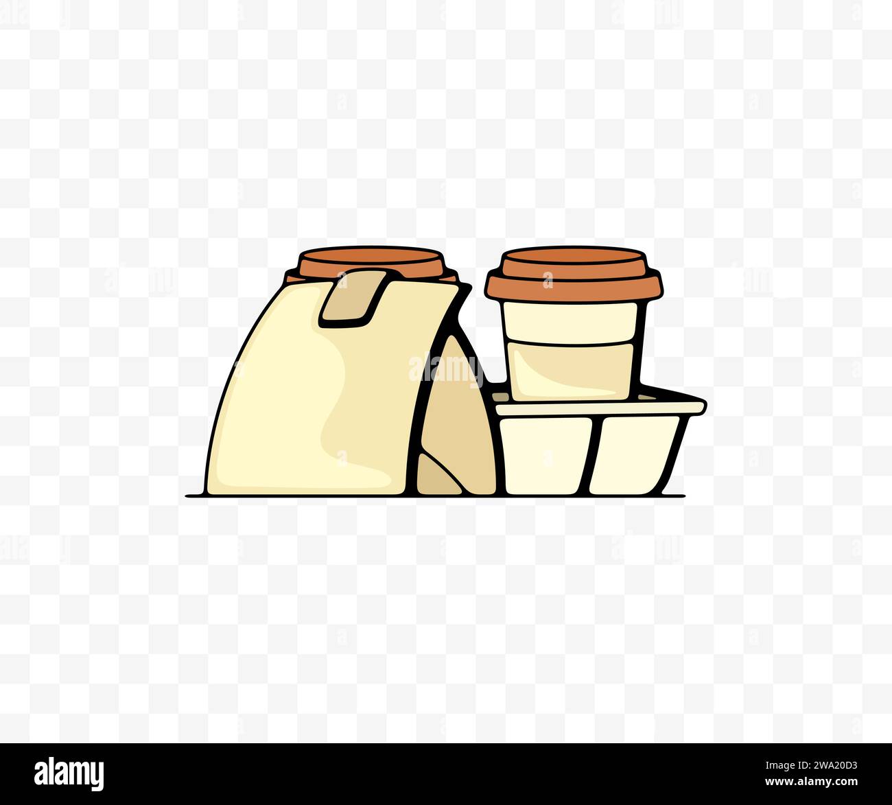 Coffee in paper cups and food, colored graphic design. Drink, hot drink, takeaway, meal and drinking, vector design and illustration Stock Vector