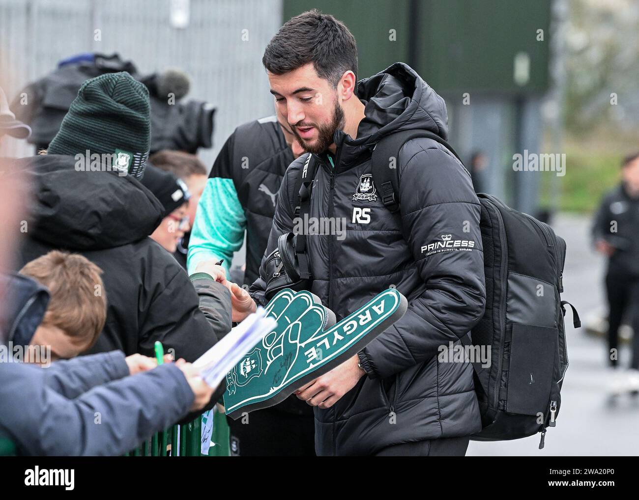 Finn Azaz of Plymouth Argyle arrives during the Sky Bet Championship ...