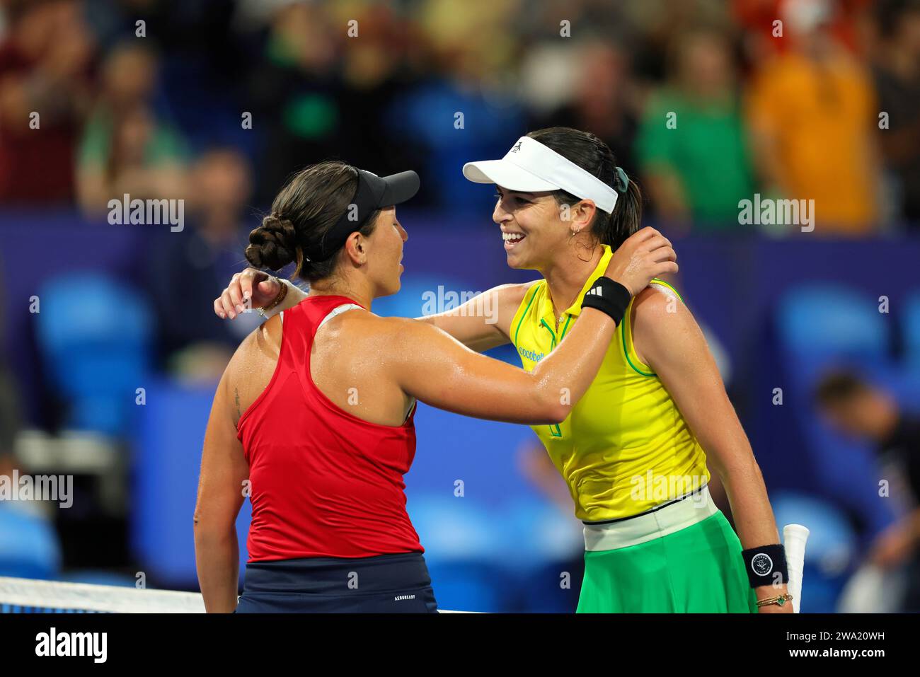 Jessica Pegula of the United States, left, embraces Ajla Tomljanovic of