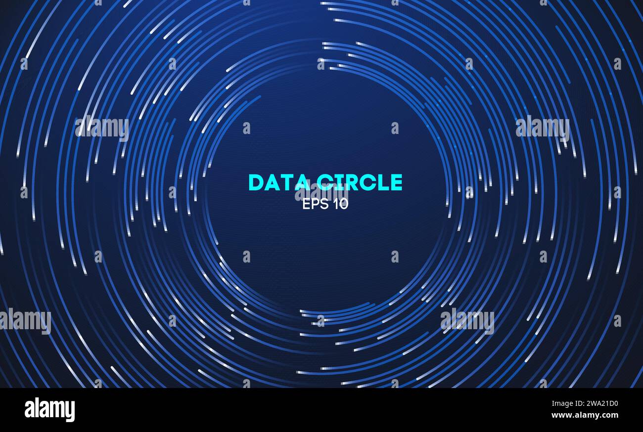 Circular data swirl on dark blue technology background. Hurricane