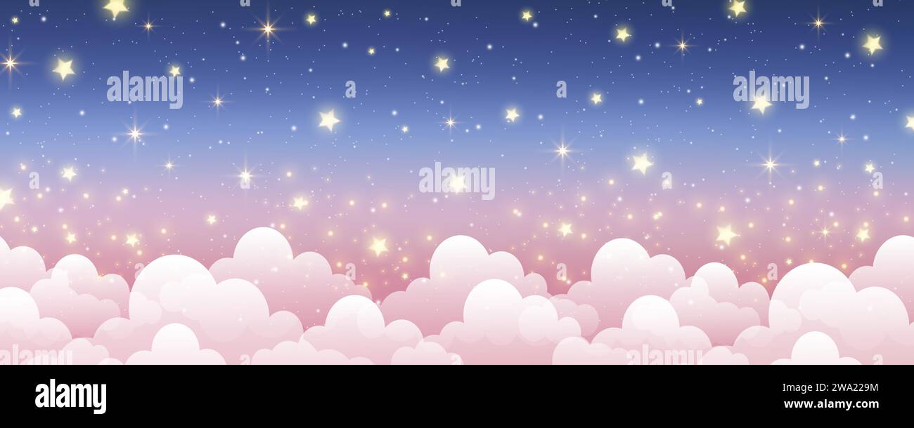 Sky with stars and clouds. Magical landscape, abstract light pink and dark blue pastel fabulous galaxy. Cute glitter fantasy wallpaper. Vector. Stock Vector
