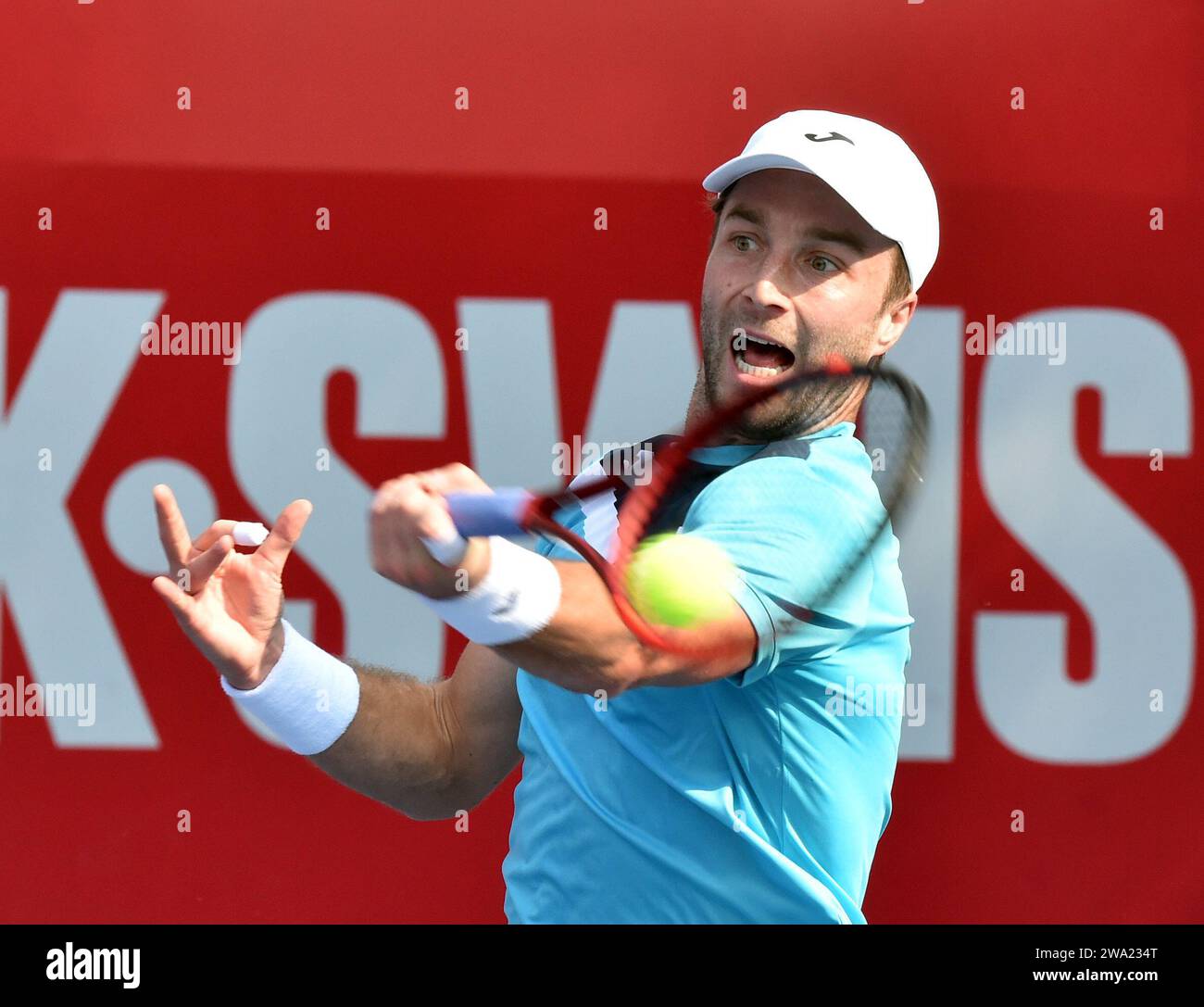 Hong Kong, South China. 1st Jan, 2024. Liam Broady of Britain hits a