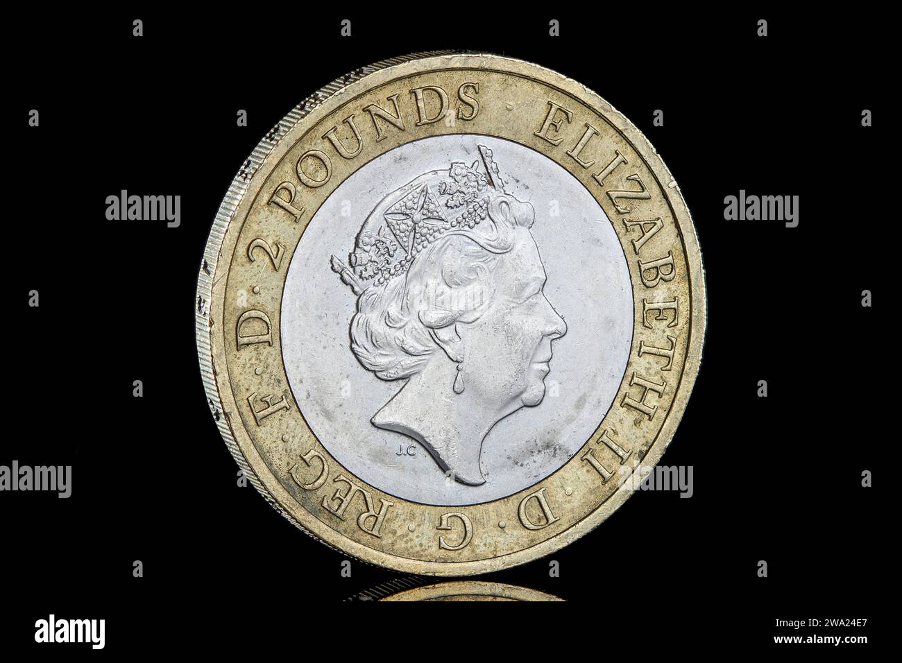 The 5th and final coin portrait of Queen Elizabeth II on a bimetallic £2 coin. The effigy was designed by Jody Clark and used on Stock Photo