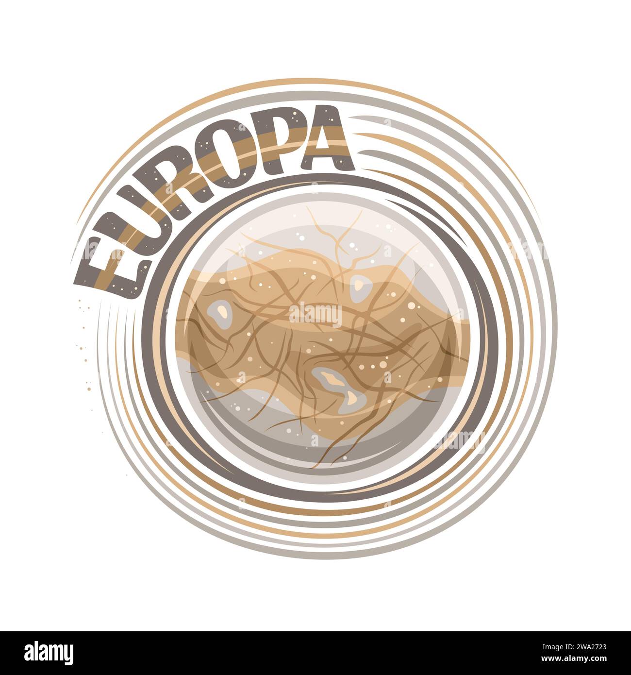 Vector logo for Europa Moon, cosmic print with rotating satellite europa, stone surface with silicate rock and cracks, cosmo sticker with unique lette Stock Vector