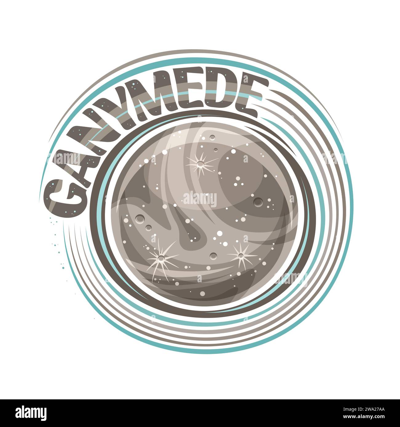Vector logo for Ganymede, decorative cosmic print with rotating moon ganymede, stone surface with craters and mountains, cosmo sticker with unique let Stock Vector