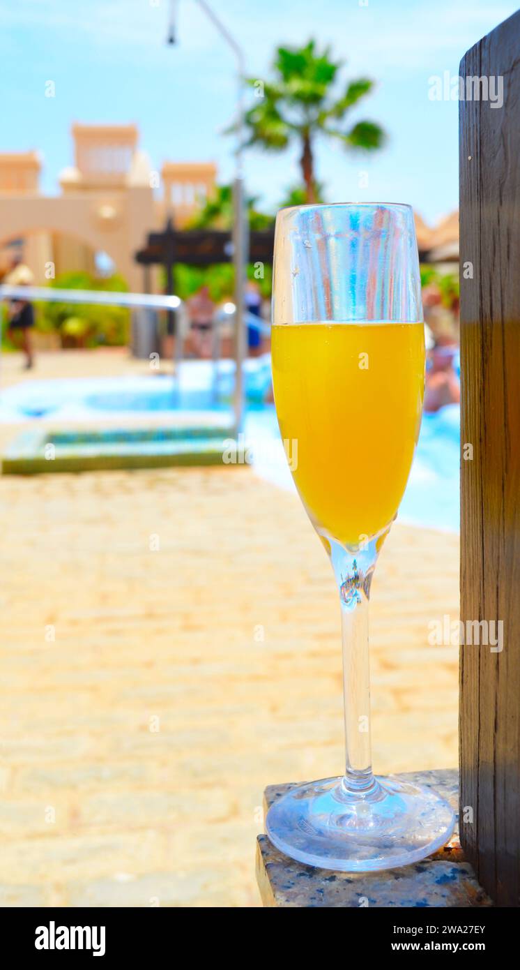 Bucks fizz wine at the RIU Touareg hotel swimming pool in Cape Verde Stock Photo