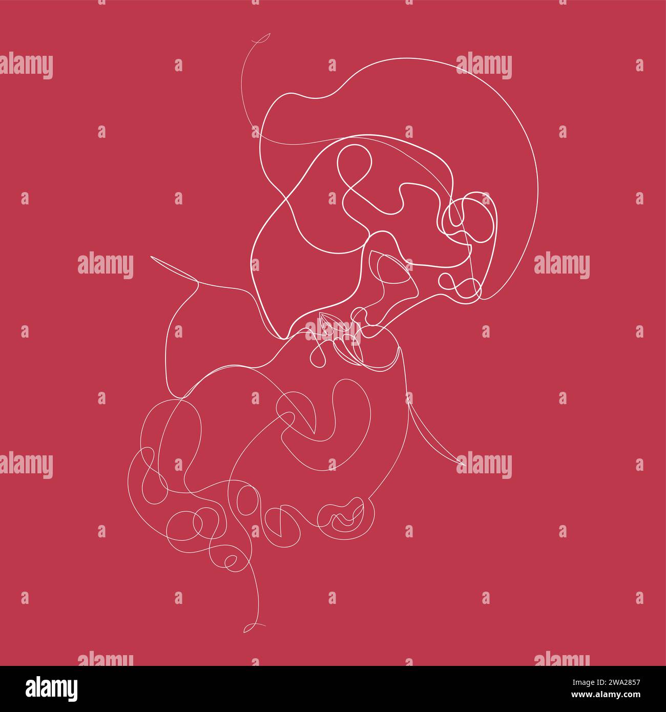 White on Red abstract art, two lovers faces in a kiss, represented with a continuous line Stock Vector
