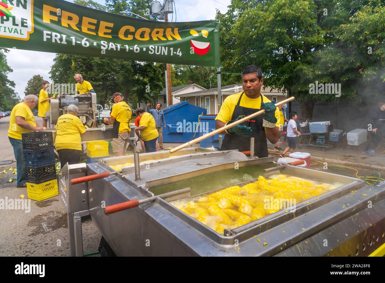 Boiling corn for the Corn and Apple Festival, Morden, Manitoba, Canada. Stock Photo