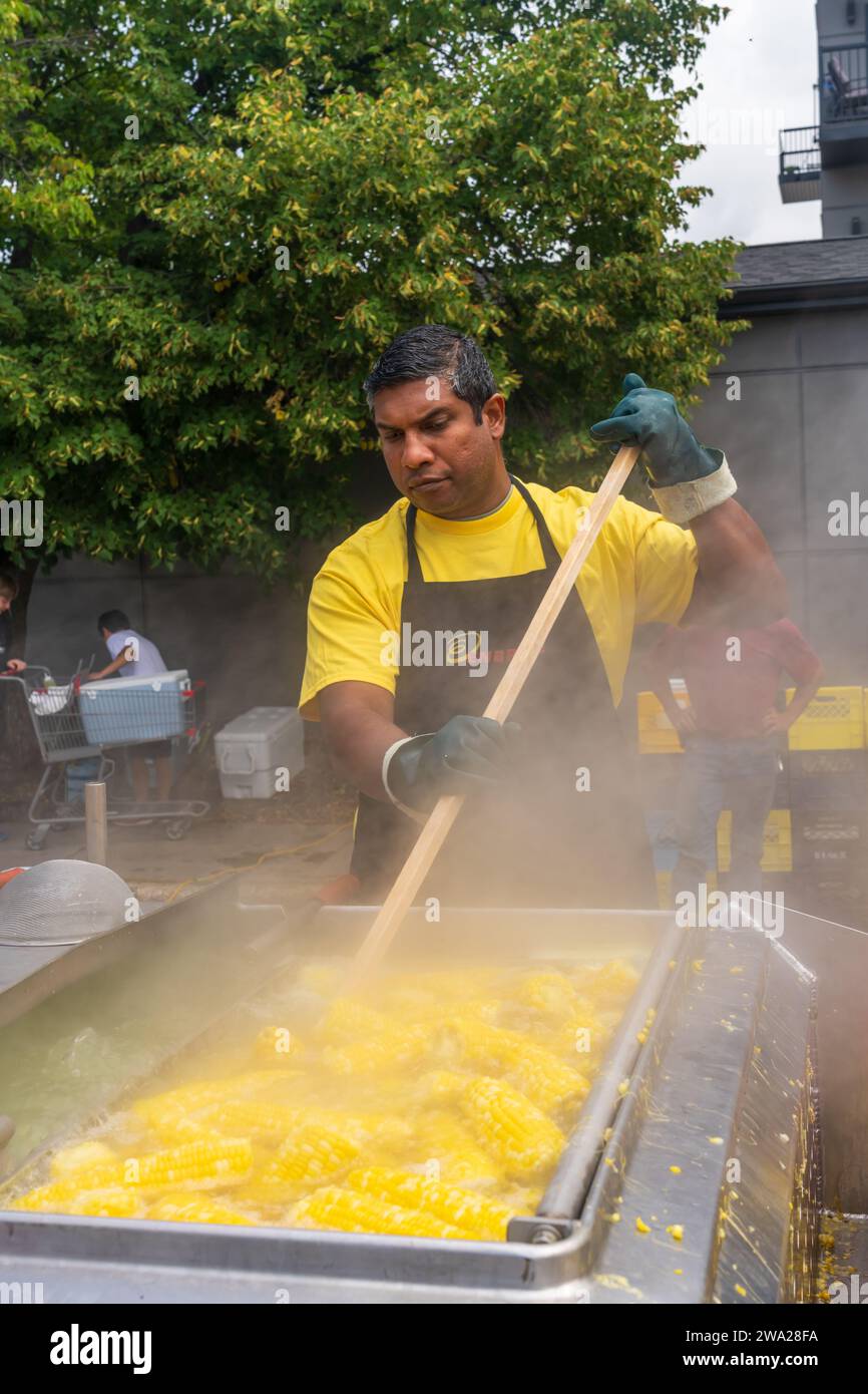 Boiling corn for the Corn and Apple Festival, Morden, Manitoba, Canada. Stock Photo