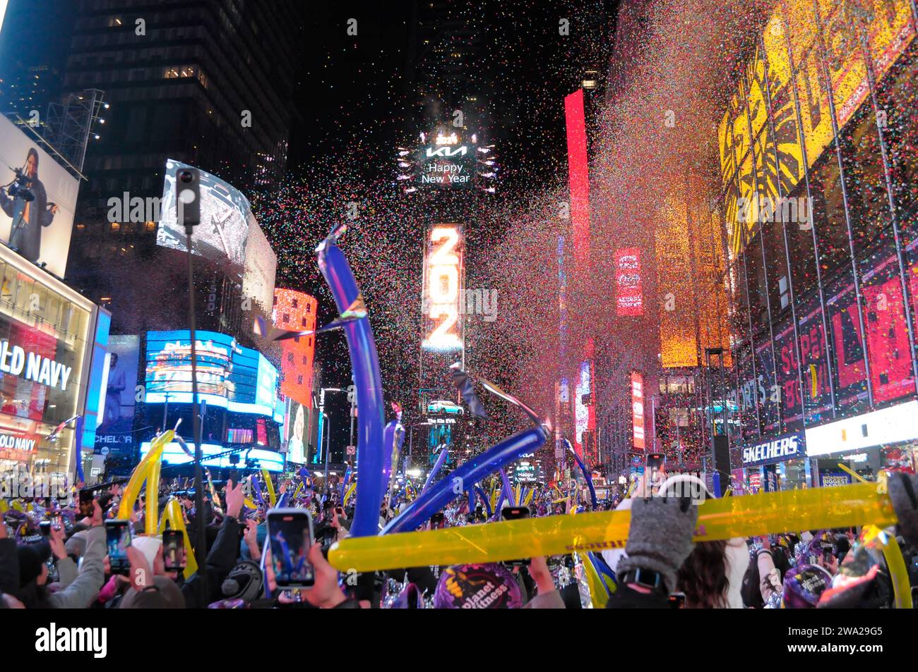 New York, United States. 01st Jan, 2024. Fireworks are seen atop the