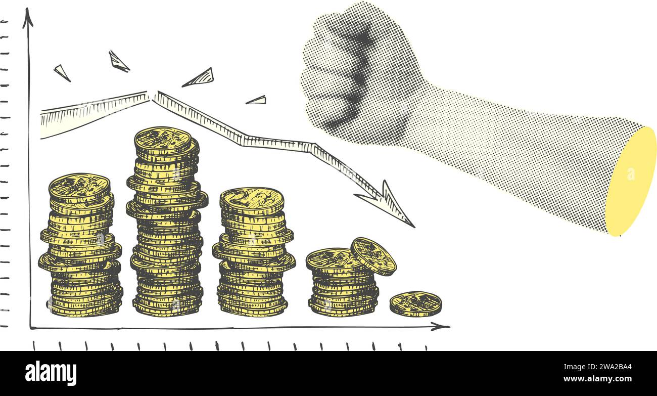 Monetary Picture Collage with halftone-style hand statue. Minimalist finance-themed ...