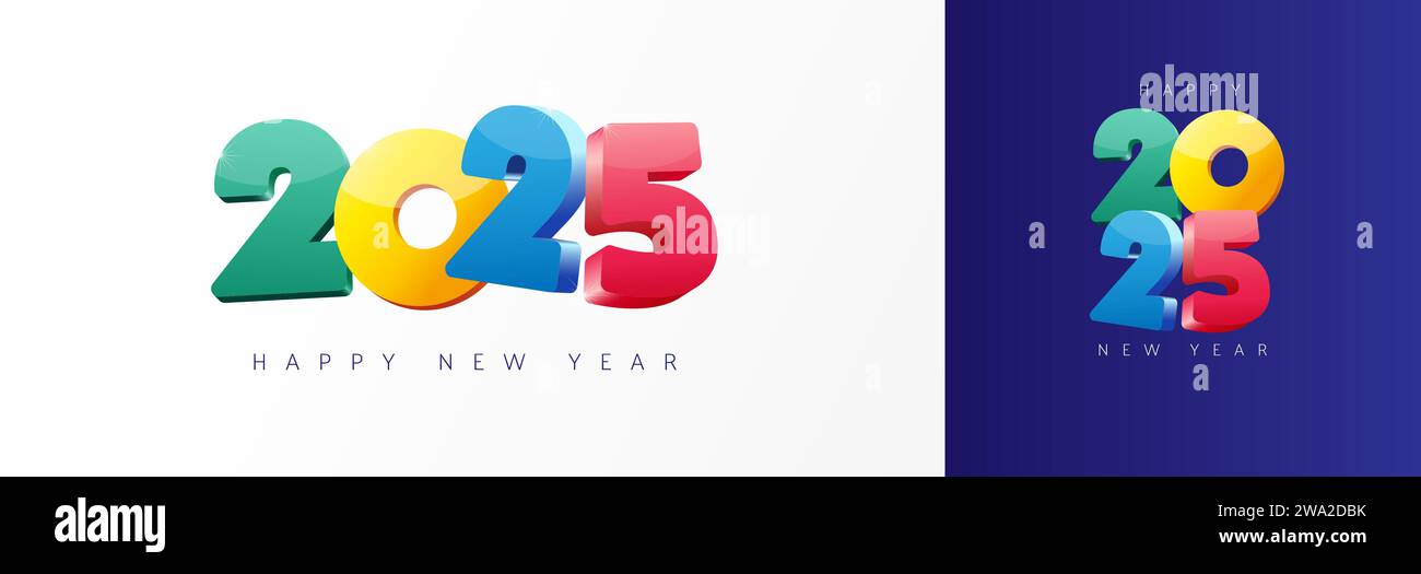 2025 Happy New Year 3D colorful typography logo design. Happy New Year 2025 colored numbers calendar template. Celebration symbol icon. Vector art Stock Vector