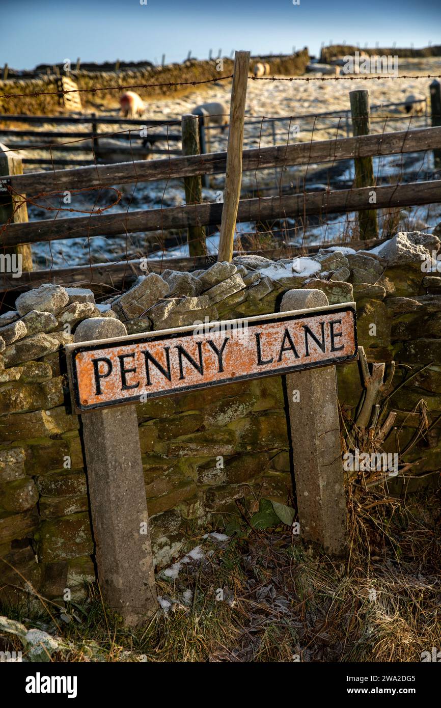UK, England, Cheshire, Rainow, winter, Penny Lane road sign in snow Stock Photo