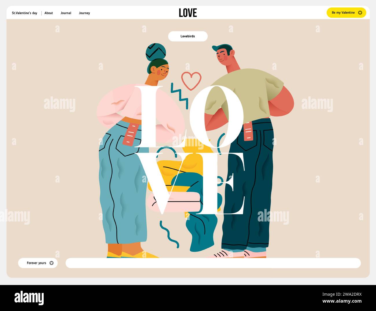 Valentine Perfect Fit modern flat vector concept illustration of a couple trying on jeans in