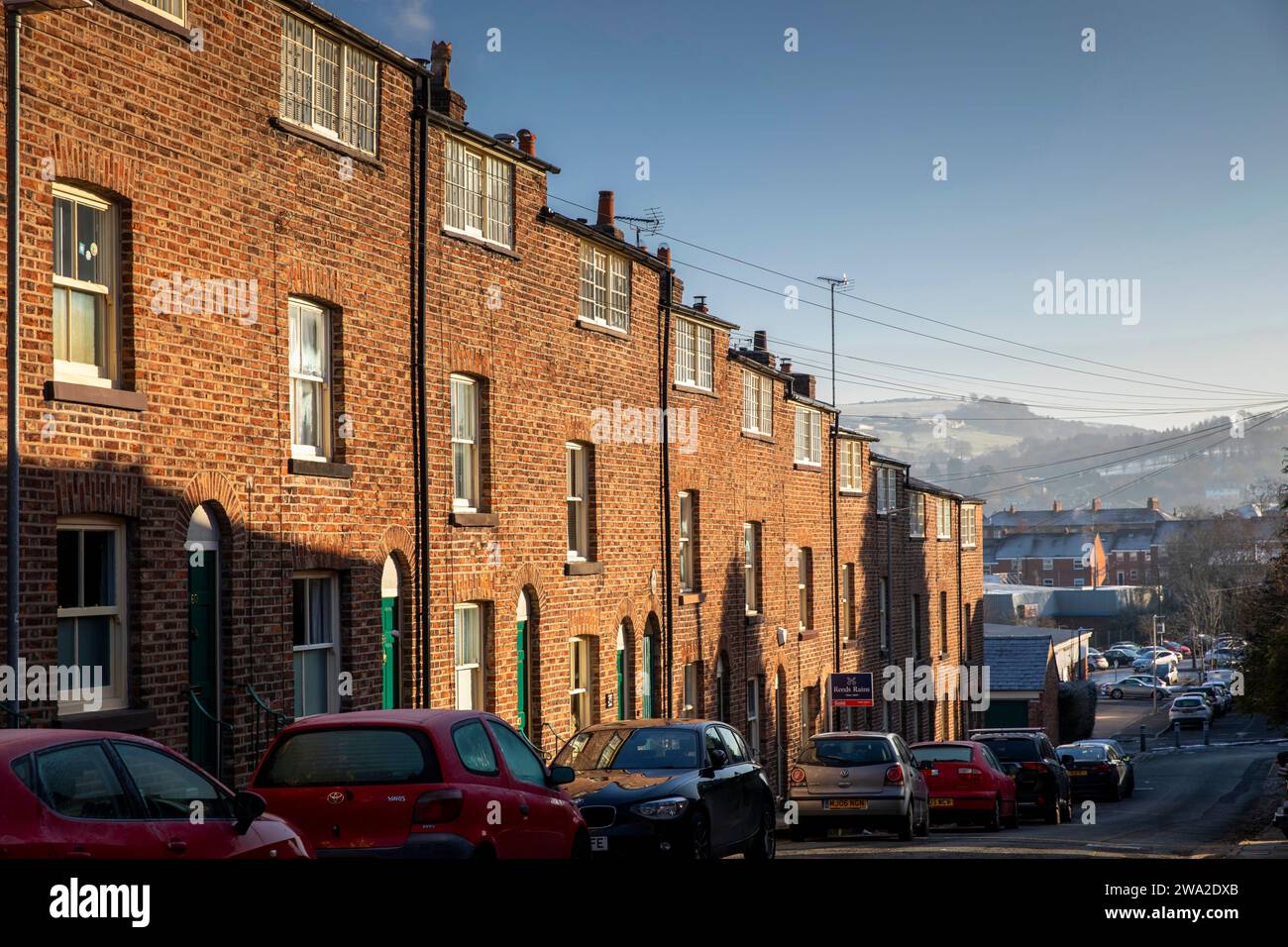 UK, England, Cheshire, Macclesfield, Paradise Street, restored weavers houses with 3rd floor garrets in winter Stock Photo