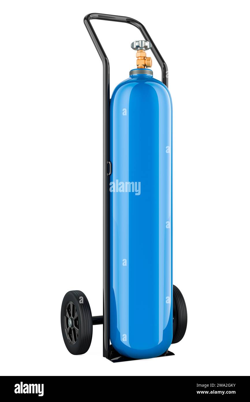 Gas cylinders with oxygen O2, Blue gas cylinder with hand truck. Gas