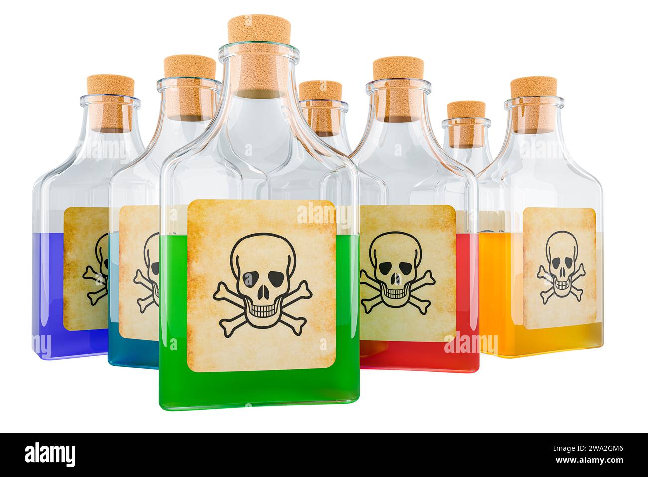 Poison bottles with colored liquid. 3D rendering isolated on white background Stock Photo