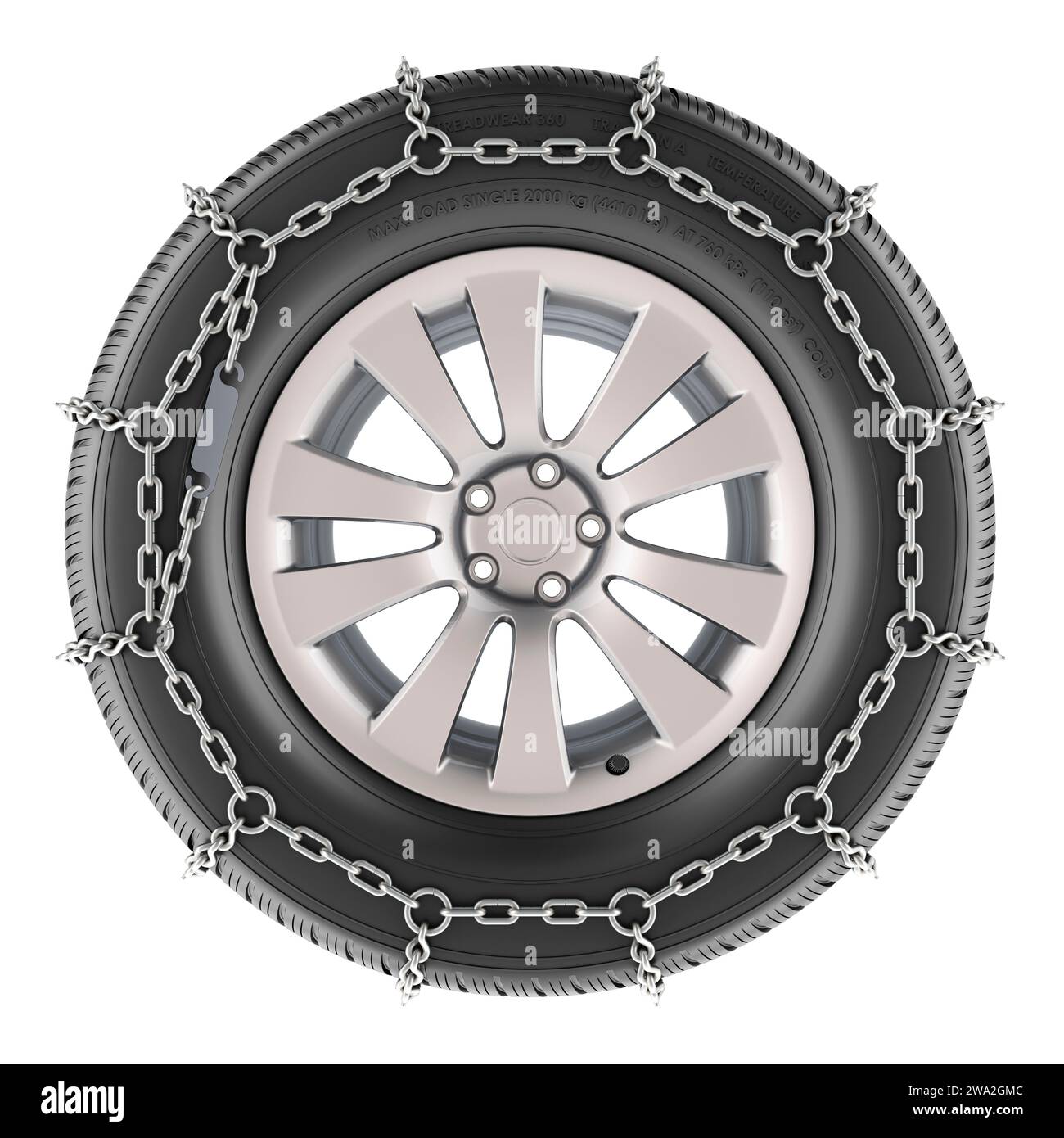 Car wheel with winter tire and snow chain, 3D rendering isolated on white background Stock Photo
