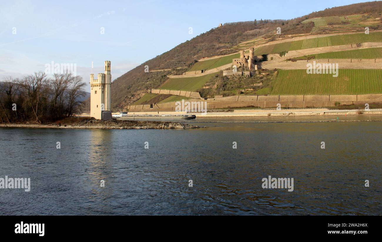 The Mauseturm, Mouse Tower, on a small island in the Rhine, with Ehrenfels Castle in the background across the river, near Bingen, Germany Stock Photo