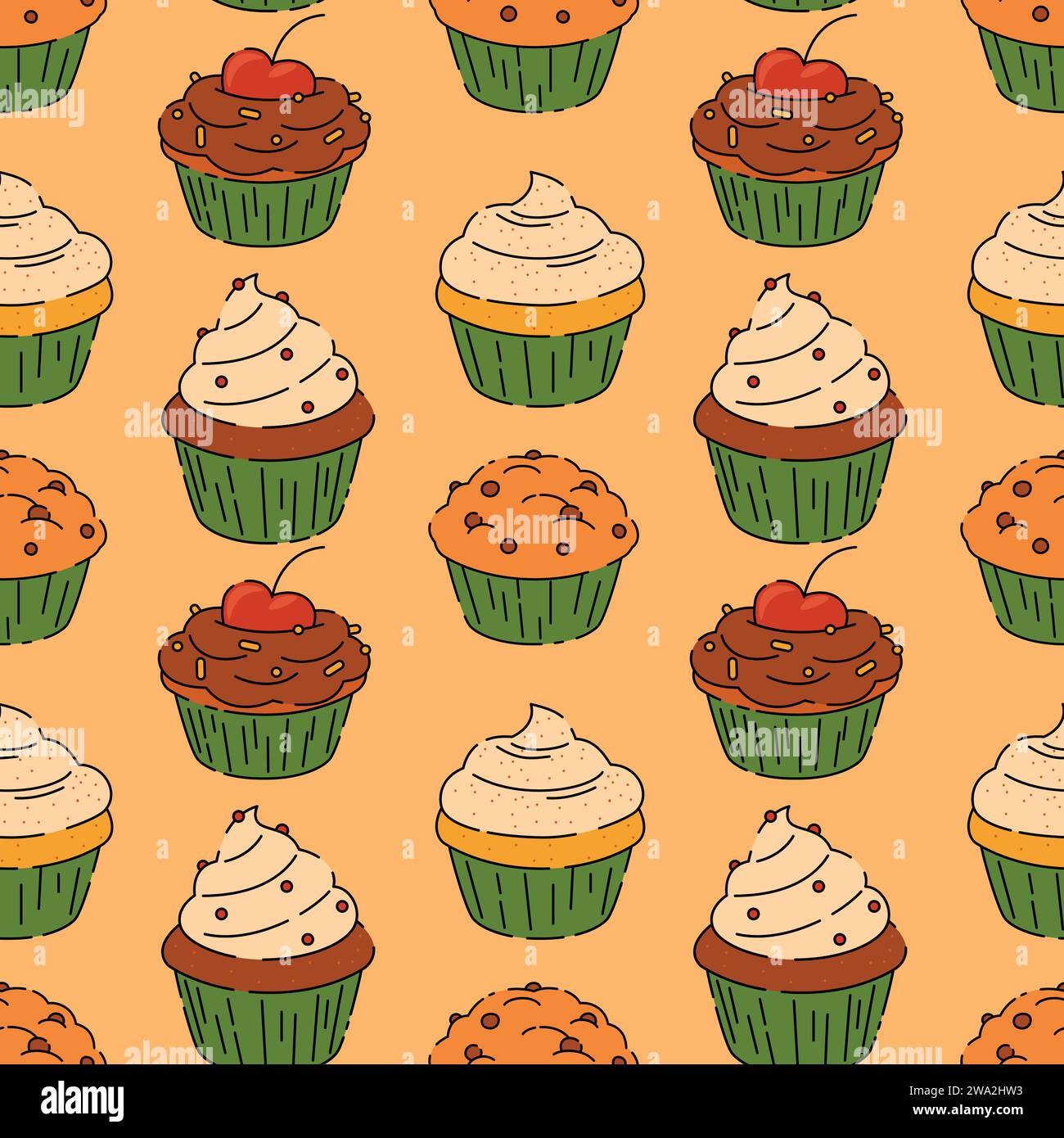 Seamless pattern with various cupcakes, doodle vector background Stock Vector