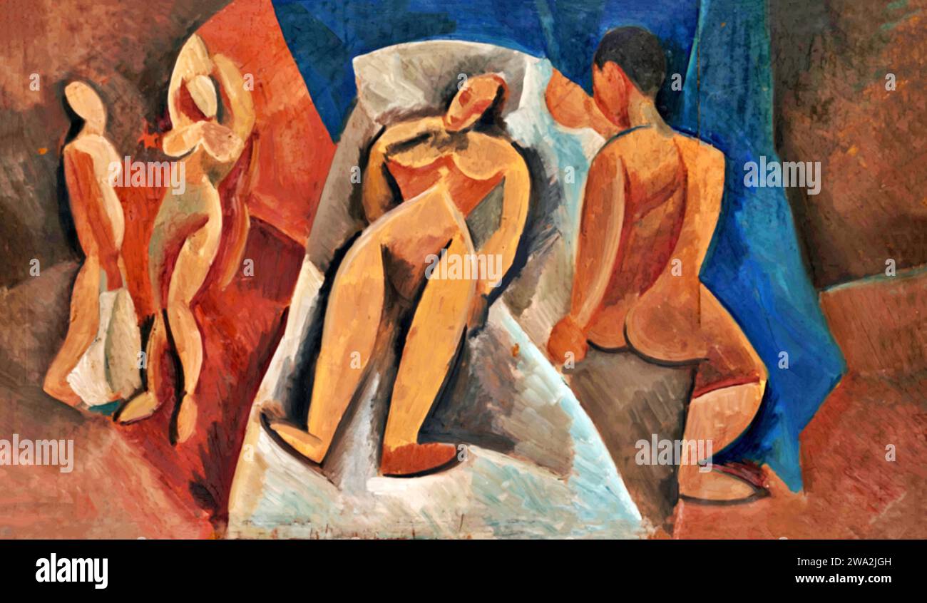 Nu couche avec personnages, 1908 (Painting) by Artist Picasso, Pablo (1881-1973) Spanish. Stock Vector