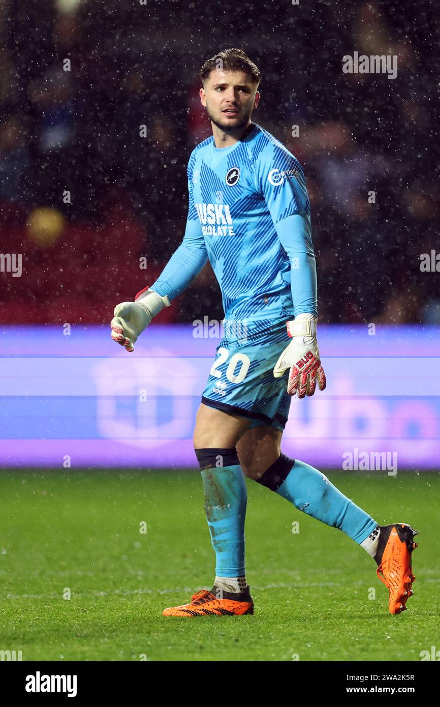 Millwall goalkeeper Matija Sarkic after the final whistle of the Sky Bet Championship match at Ashton Gate, Bristol. Picture date: Monday January 1, 2024. Stock Photo