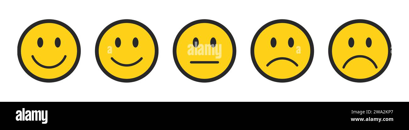 Rating emojis set in yellow color with black outline. Feedback emoticons collection. Very happy, happy, neutral, sad and very sad emojis. Stock Vector