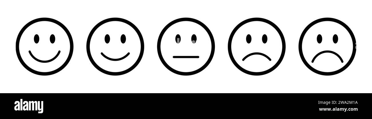 Rating emojis set in black with outline. Feedback emoticons collection. Very happy, happy, neutral, sad and very sad emojis. Flat icon set of emoticon. Stock Vector