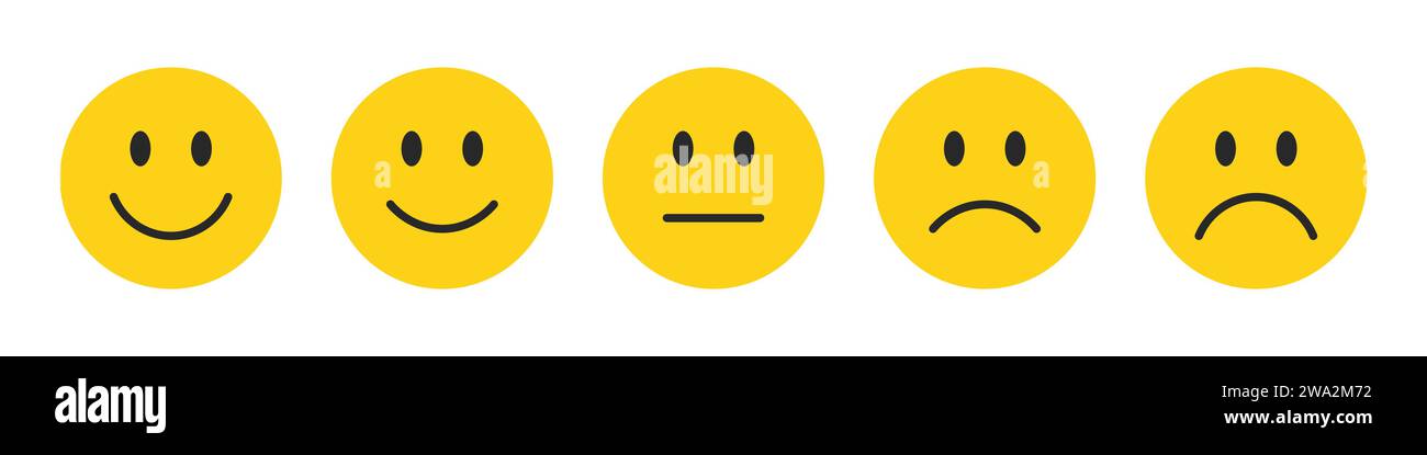 Rating emojis set in yellow color. Feedback emoticons collection. Very happy, happy, neutral, sad and very sad emojis. Flat icon set for rating emojis. Stock Vector
