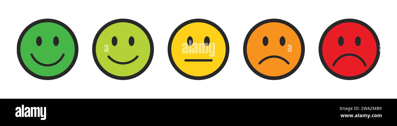 Rating emojis set in black with outline. Feedback emoticons collection. Very happy, happy, neutral, sad and very sad emojis. Stock Vector