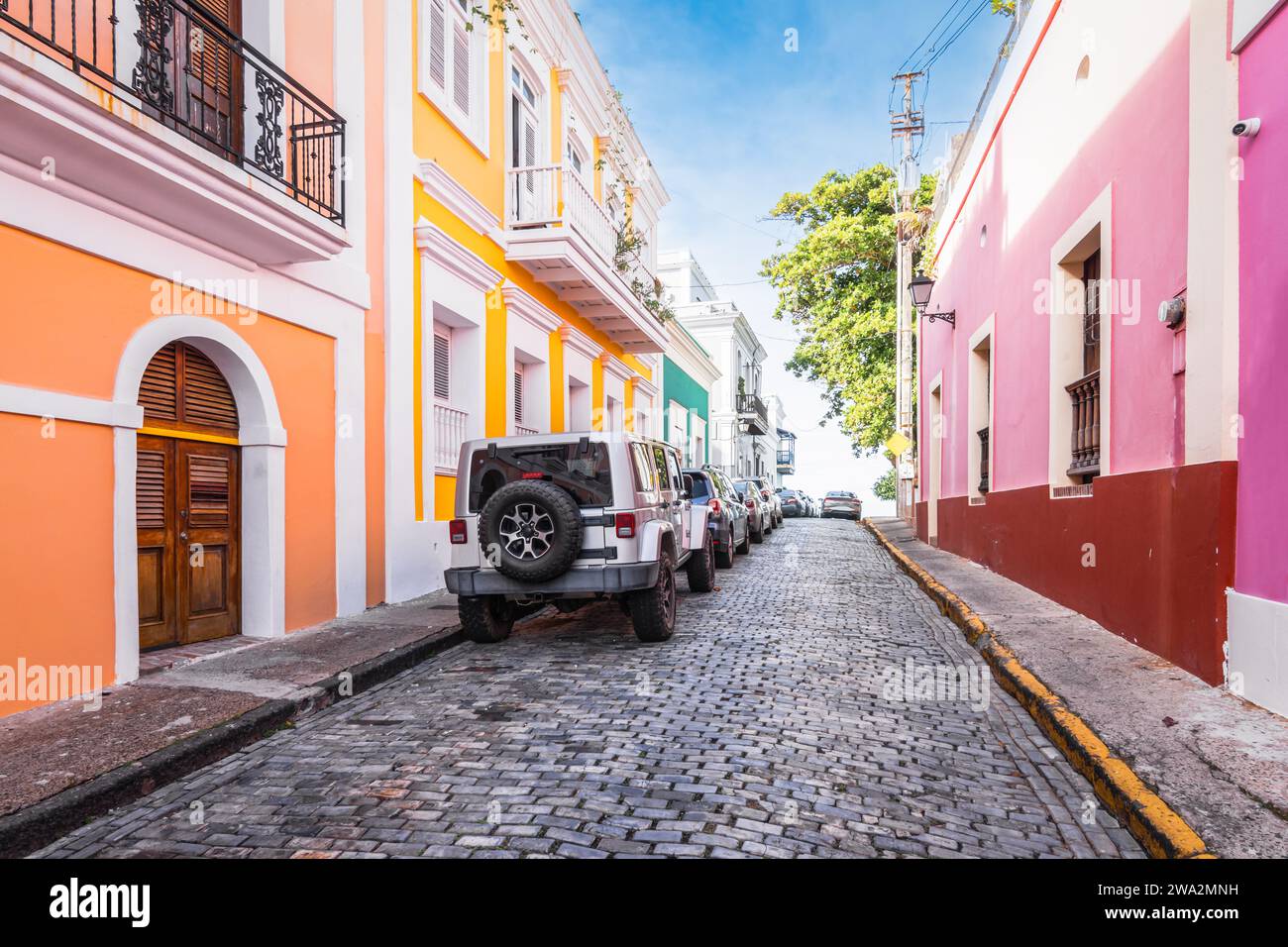 Old San Juan city with colorful houses and cobblestone street Stock