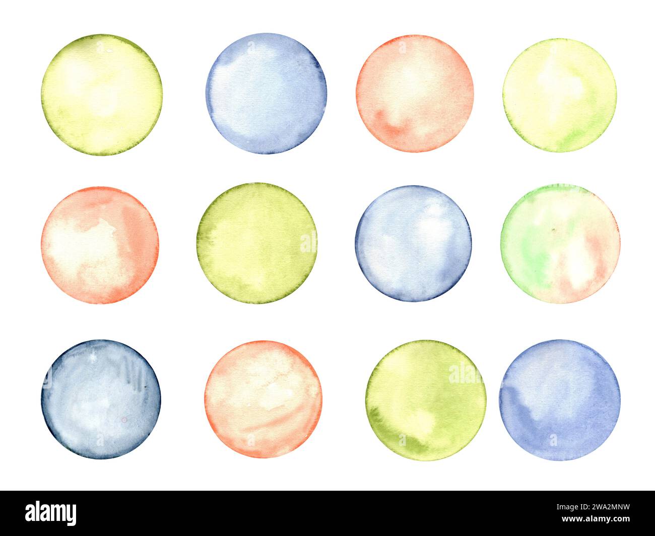 Set of polka dots. Circle in soft pastel colors. Creative minimalist style. Splashes, bubbles, round doodle spots, brush strokes, stains. Stock Photo