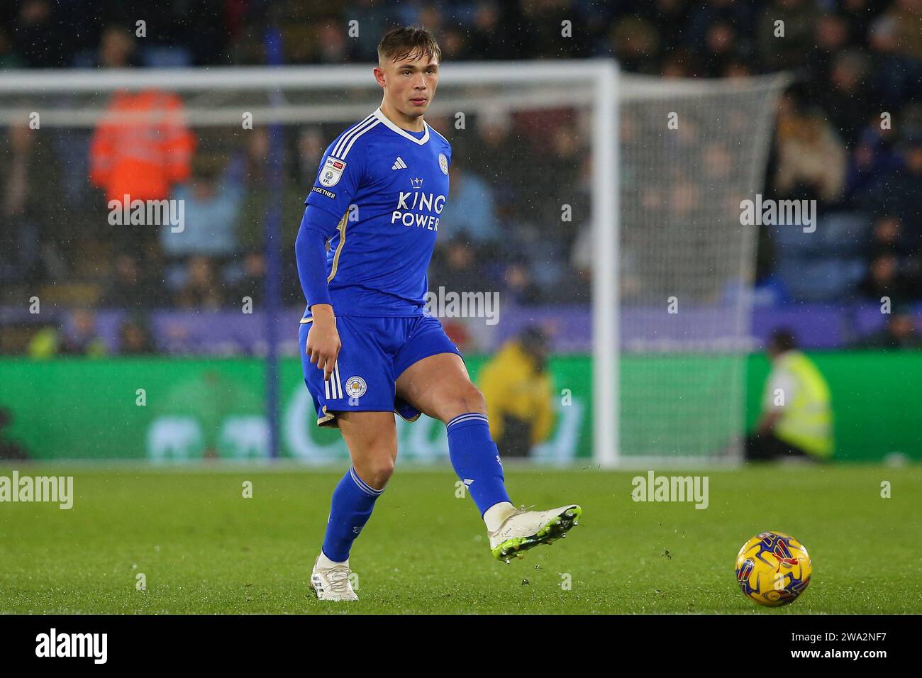 Callum Doyle of Leicester City passes the ball during the Sky Bet Championship match Leicester City vs Huddersfield Town at King Power Stadium, Leicester, United Kingdom, 1st January 2024  (Photo by Gareth Evans/News Images) Stock Photo