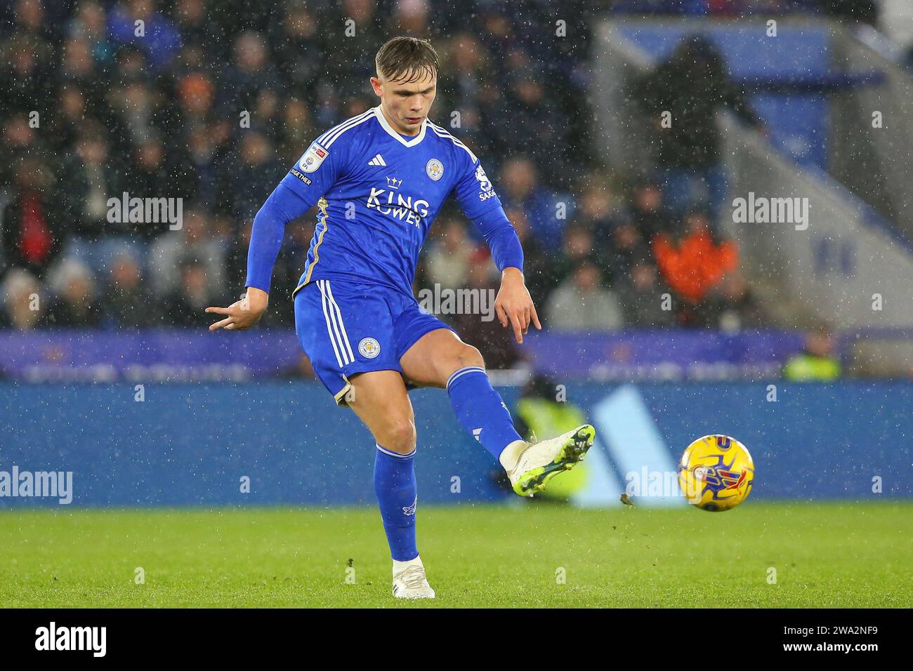 Callum Doyle of Leicester City passes the ball during the Sky Bet Championship match Leicester City vs Huddersfield Town at King Power Stadium, Leicester, United Kingdom, 1st January 2024  (Photo by Gareth Evans/News Images) Stock Photo