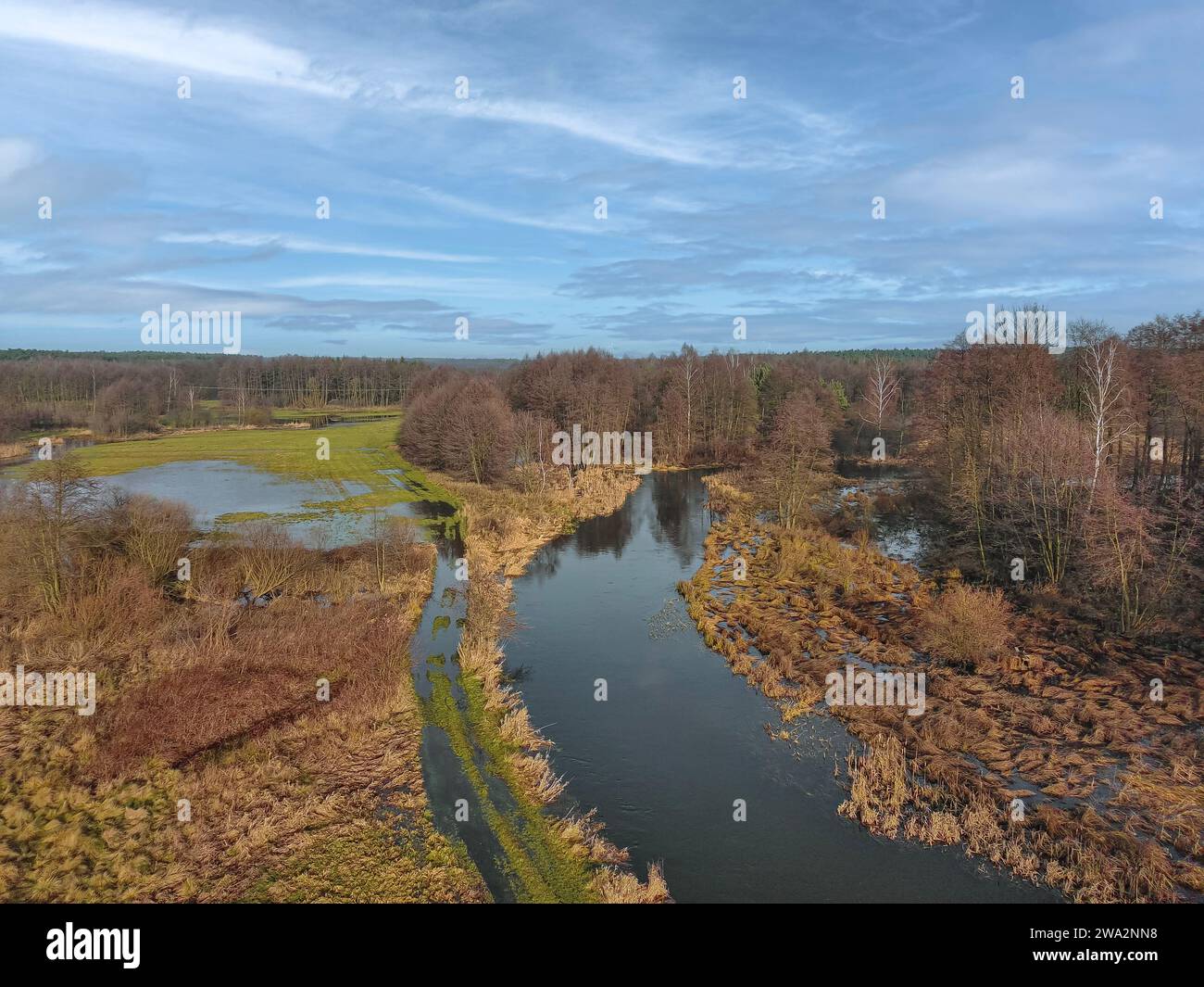 Flood from the small Grabia river, Poland. Stock Photo